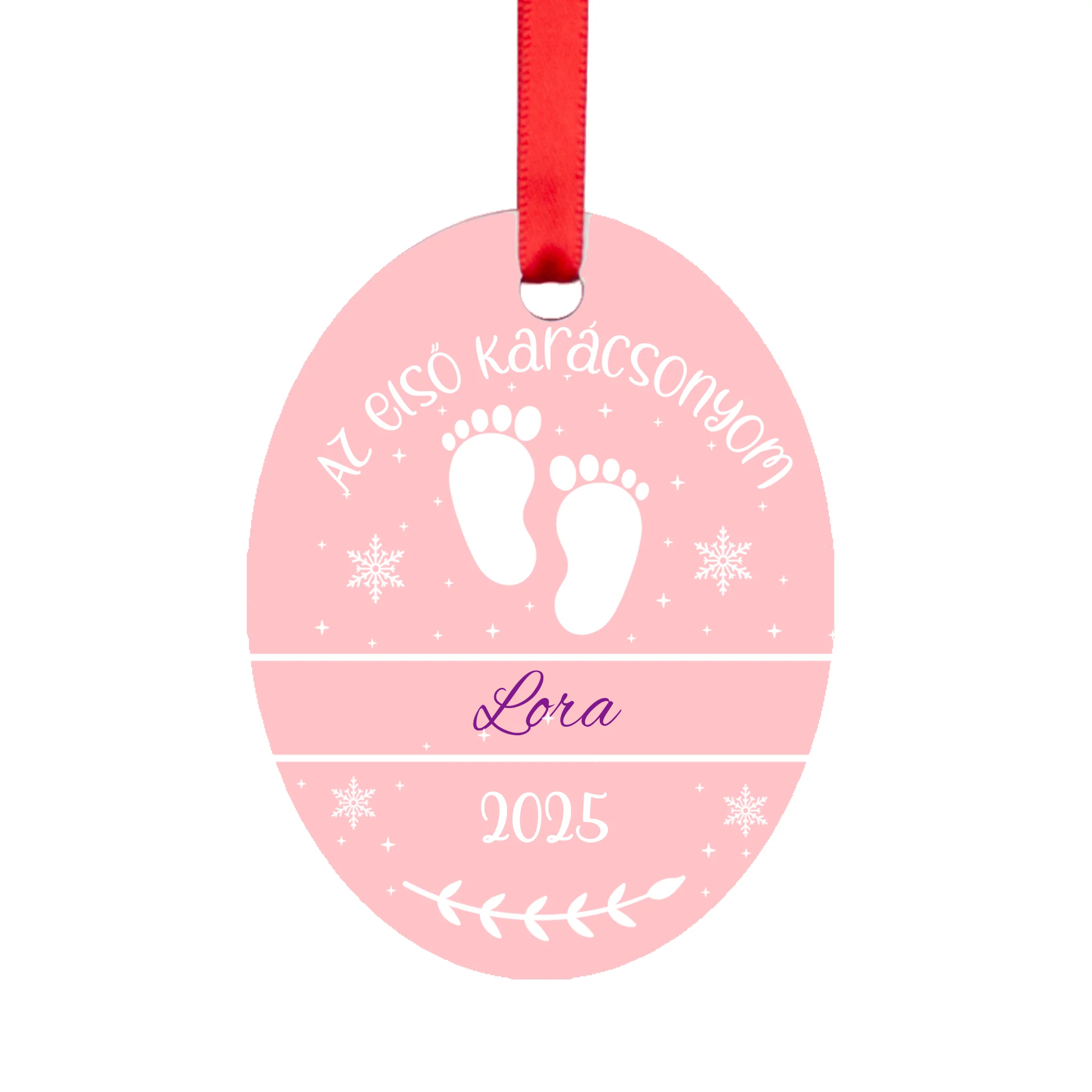 Az első karácsonyom - feliratos ovális karácsonyfadísz lányoknak egyedi névvel