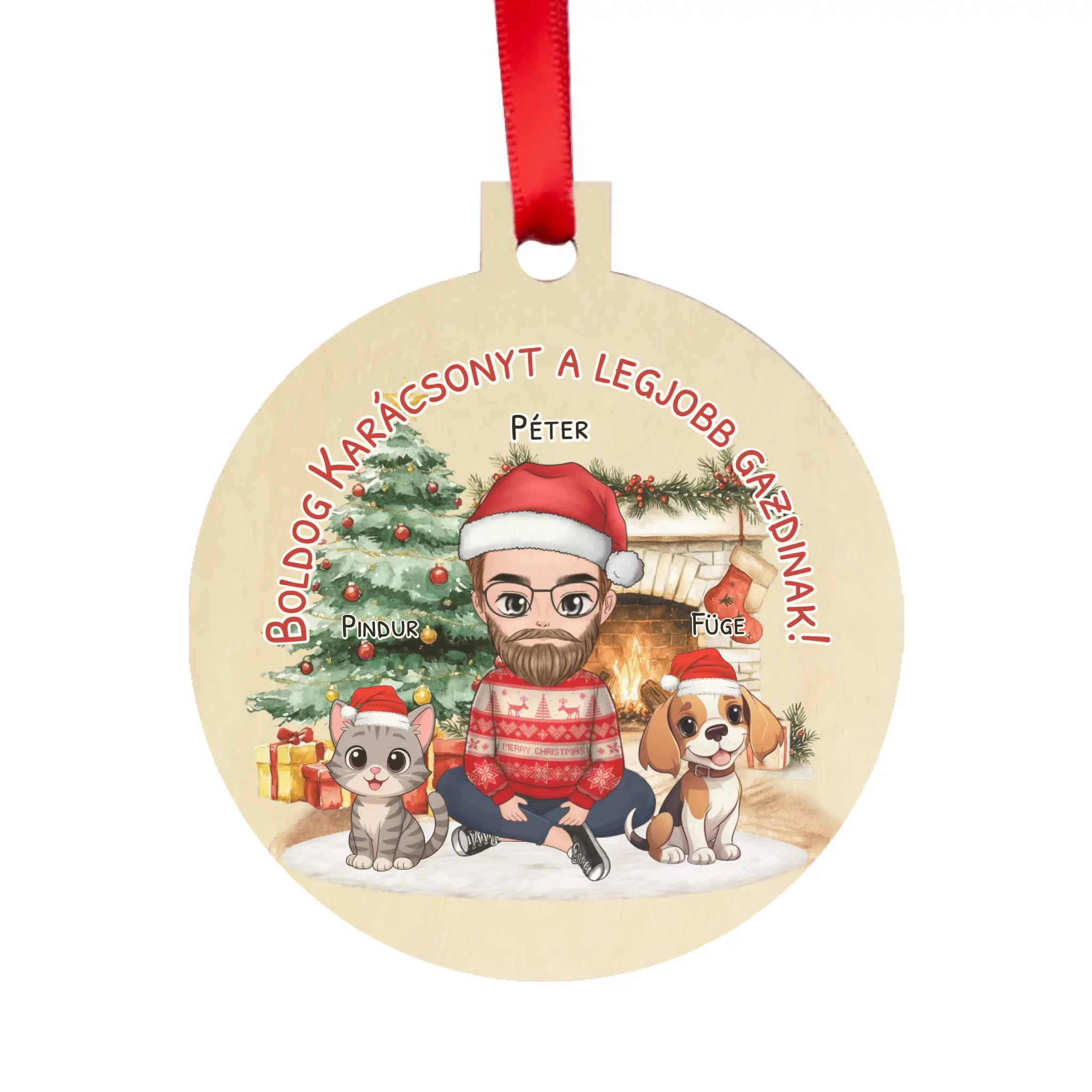 Egyedi karácsonyfadísz gazdiknak - fiús mintával kutyával és macskával