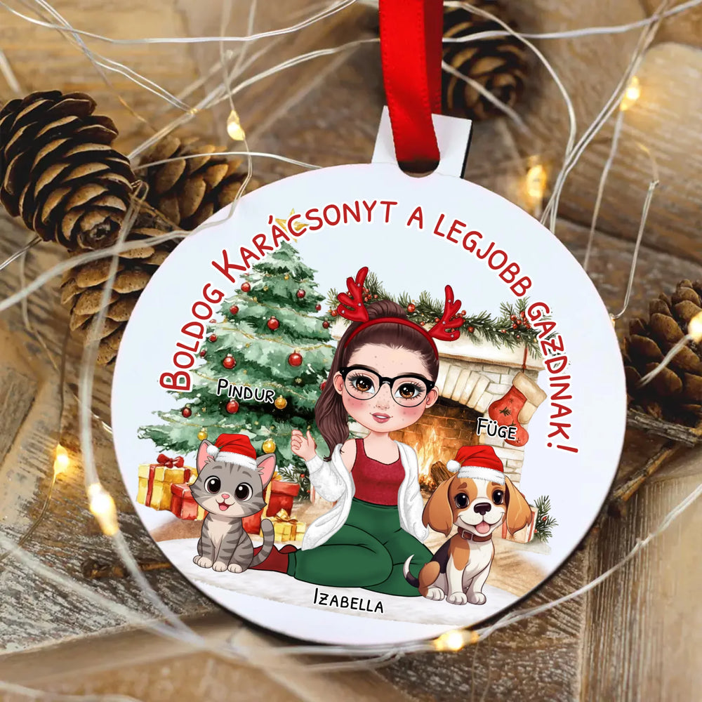 Egyedi karácsonyfadísz gazdiknak - lányos mintával akár kutyával és macskával