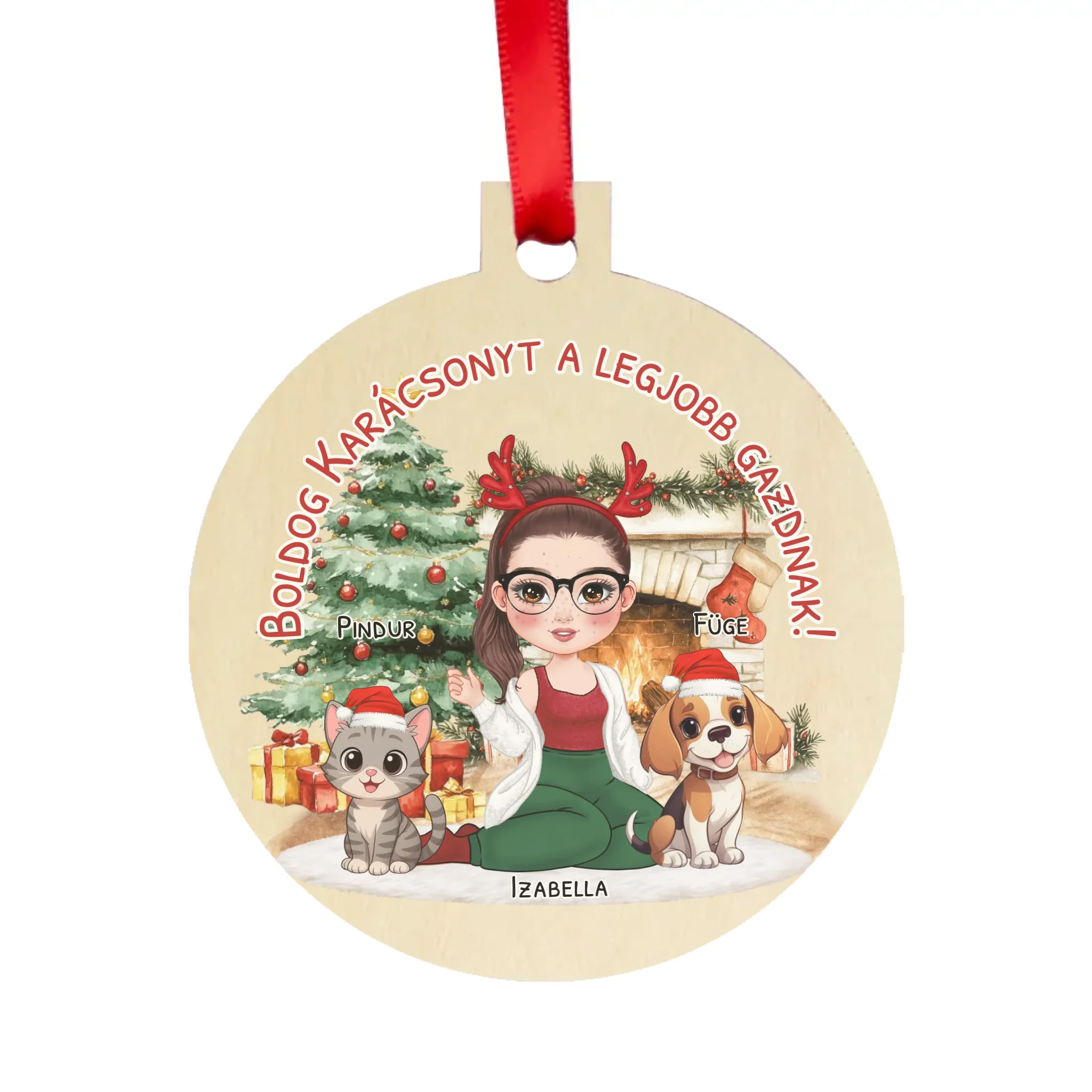 Egyedi karácsonyfadísz gazdiknak - lányos mintával akár kutyával és macskával