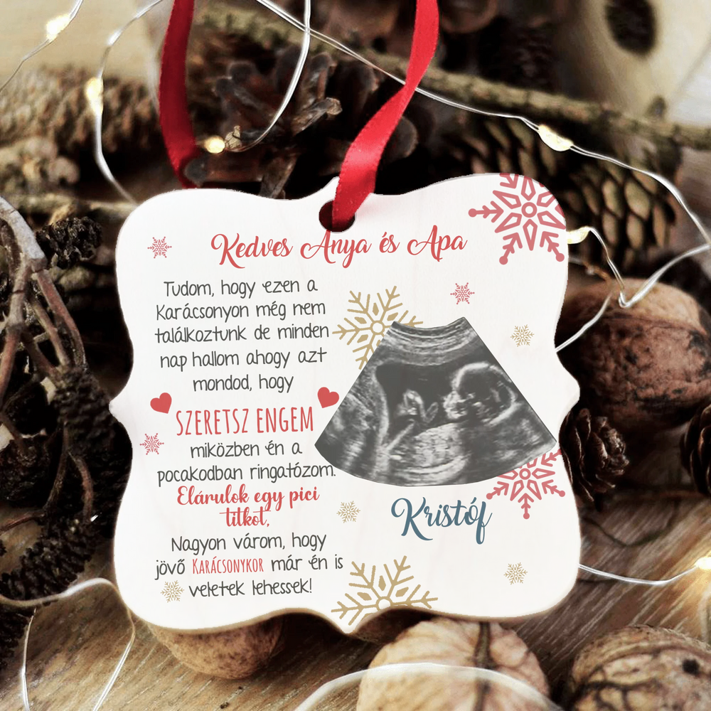 Ajándék négyzetes karácsonyfadísz ultrahang fotóval és szerkeszthető felirattal