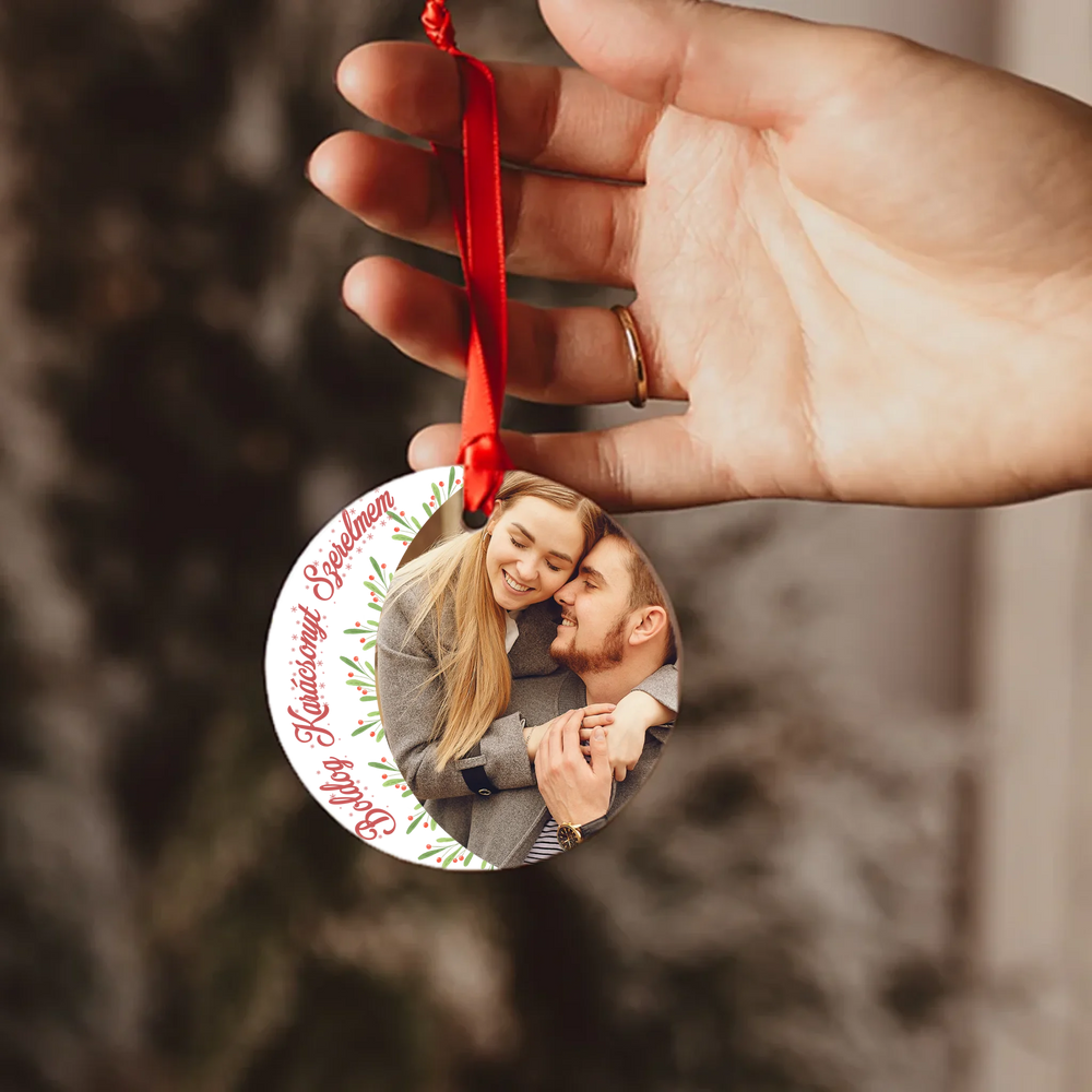 Egyedi képes kör alakú kerámia karácsonyfadísz szerkeszthető felirattal