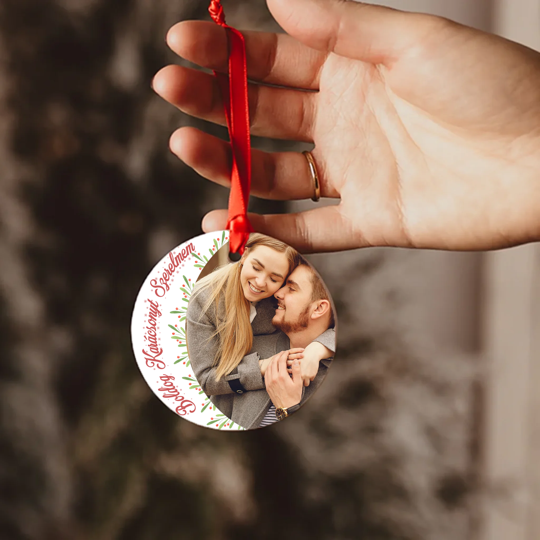 Egyedi képes kör alakú kerámia karácsonyfadísz szerkeszthető felirattal