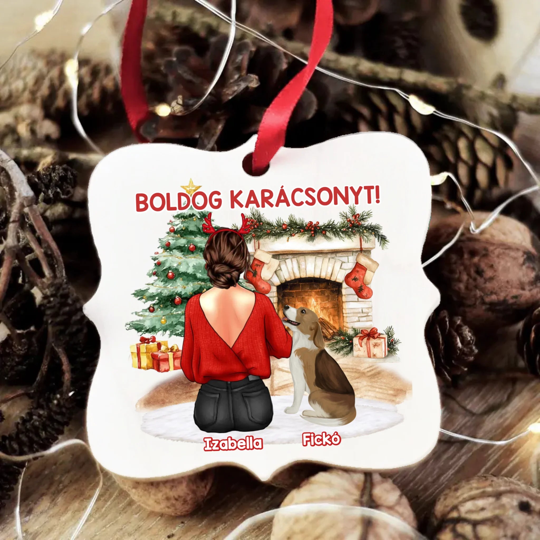 Kutya mintás karácsonyfadísz fehér alapon