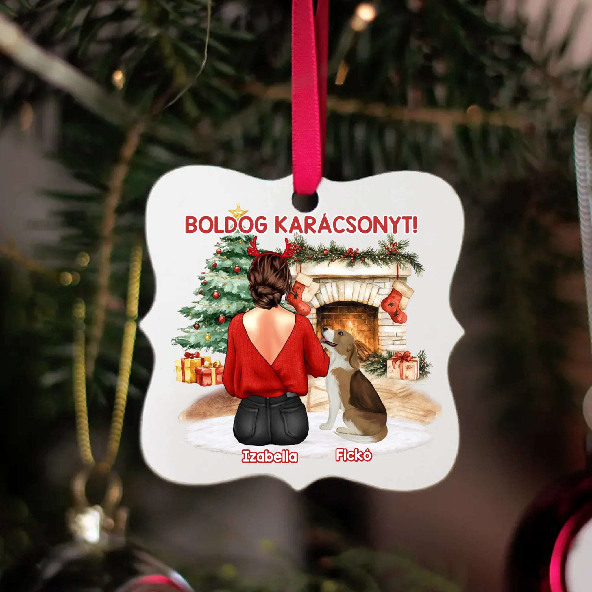 Kutya mintás karácsonyfadísz fehér alapon