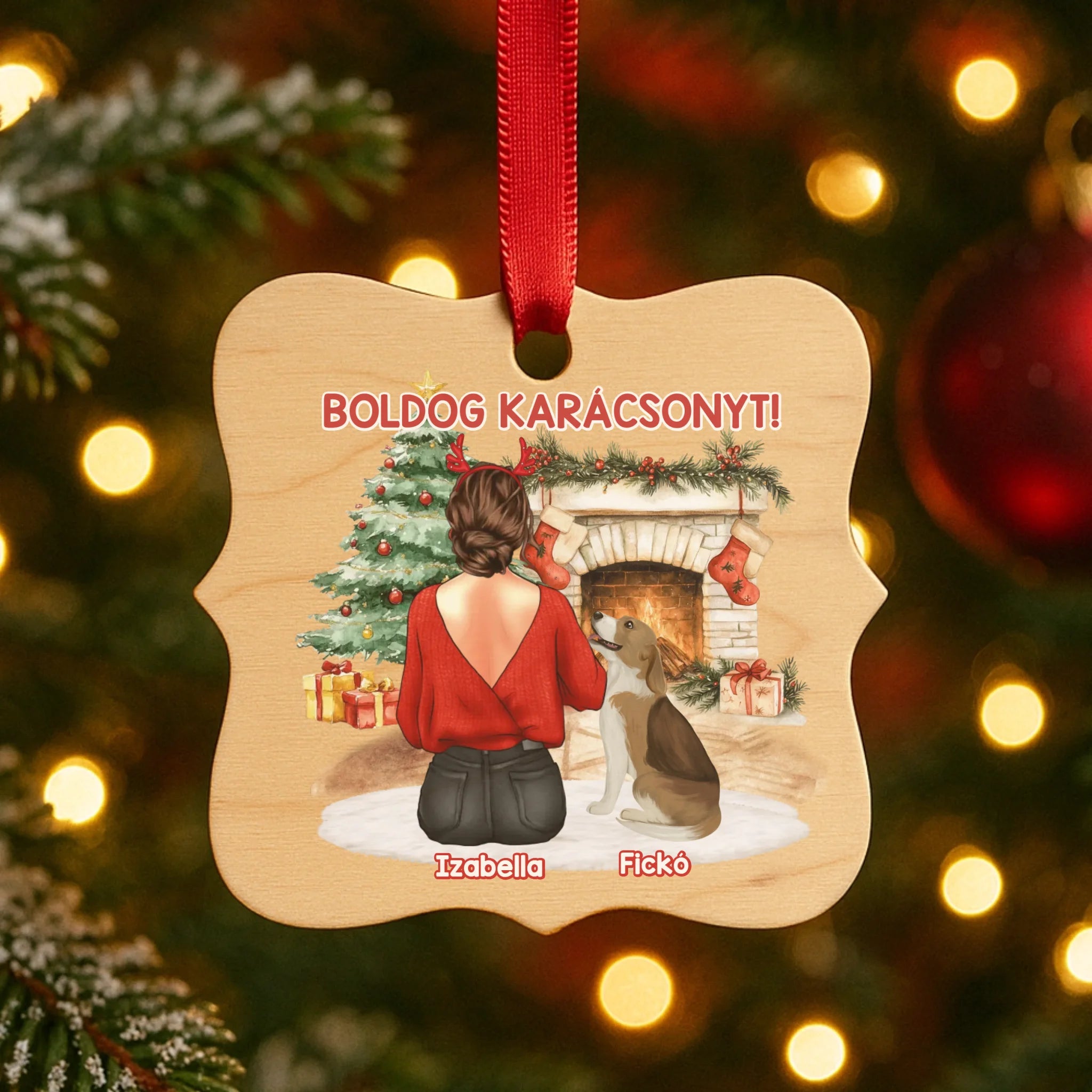 Kutya mintás karácsonyfadísz fa alapon