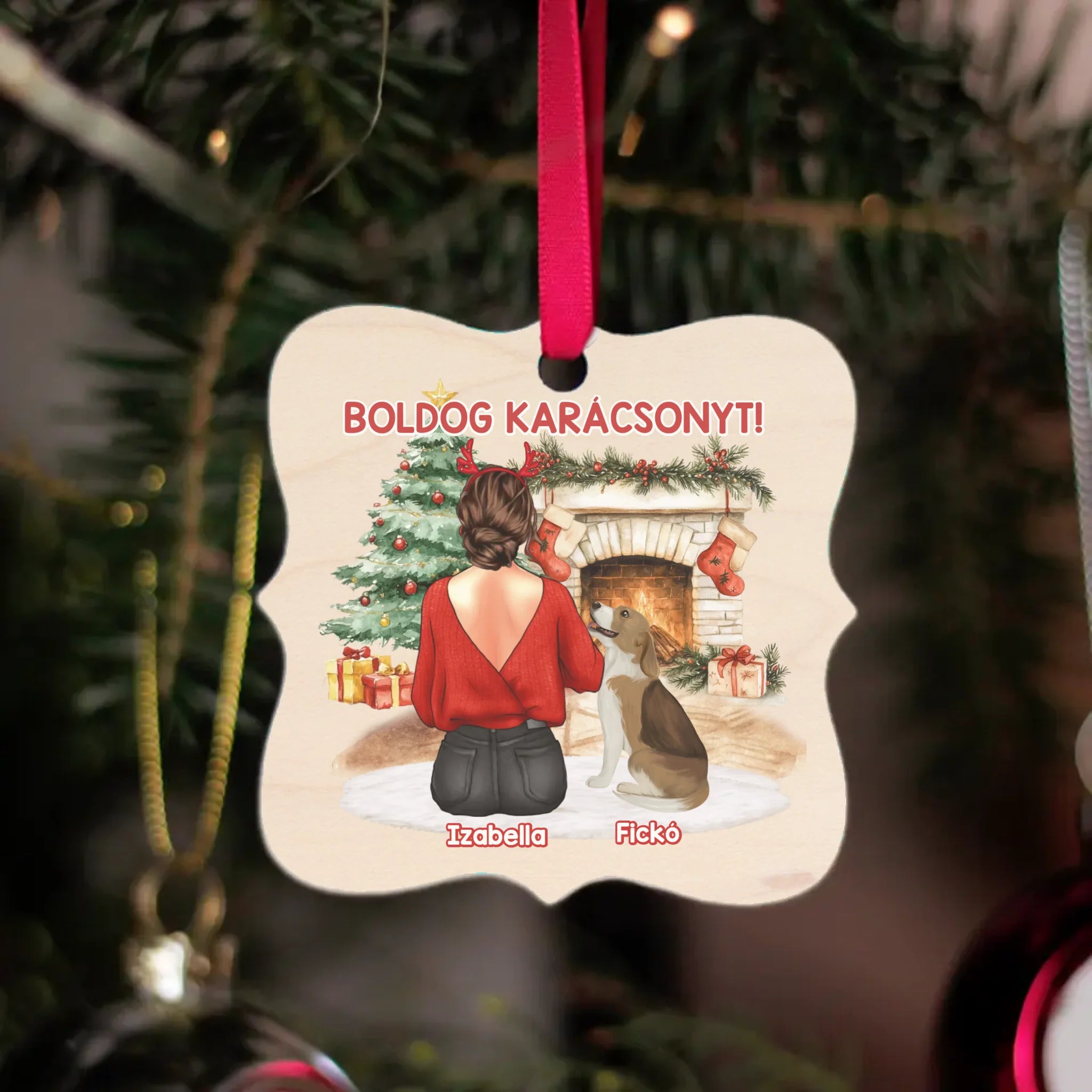 Kutya mintás karácsonyfadísz fa alapon