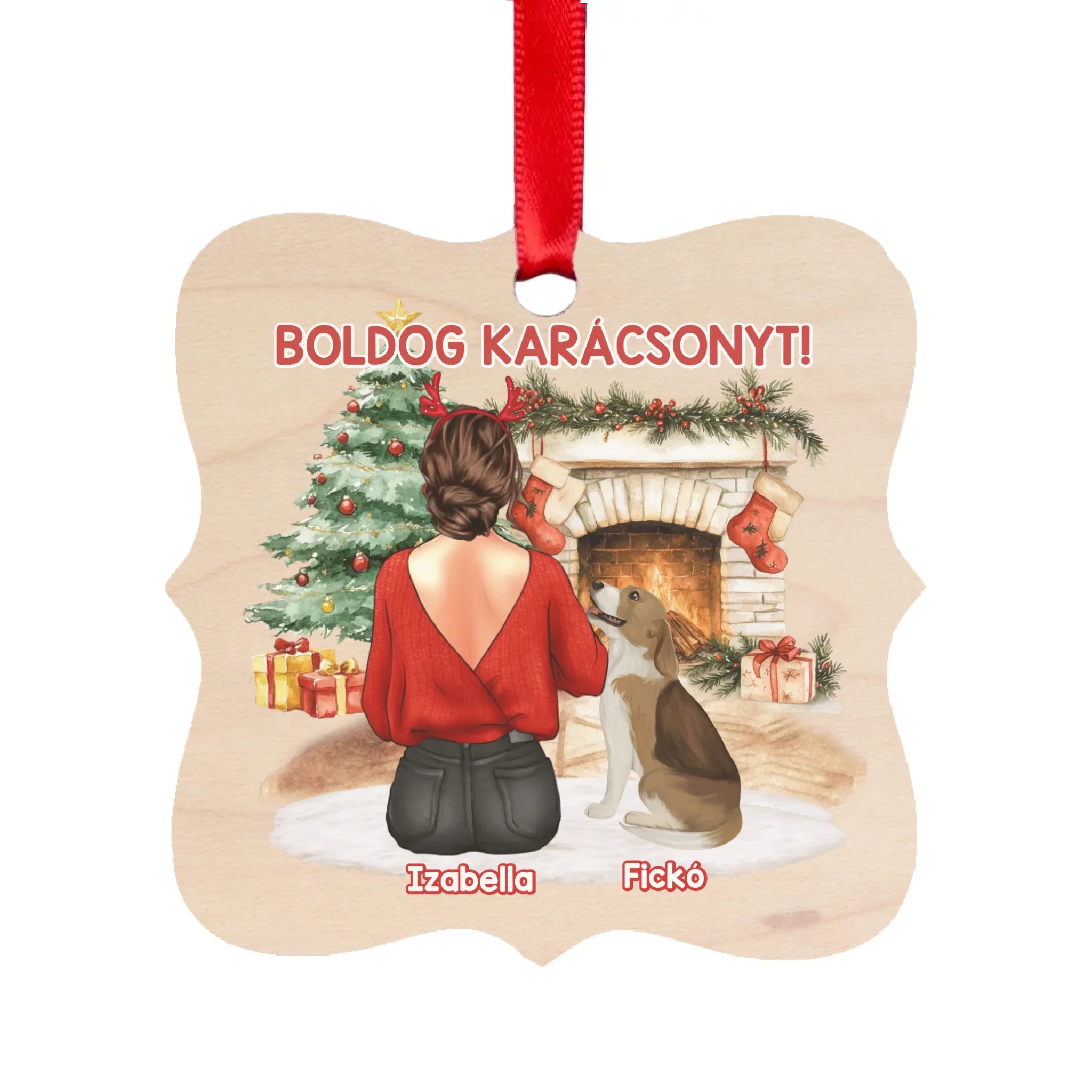 Kutya mintás karácsonyfadísz fa alapon