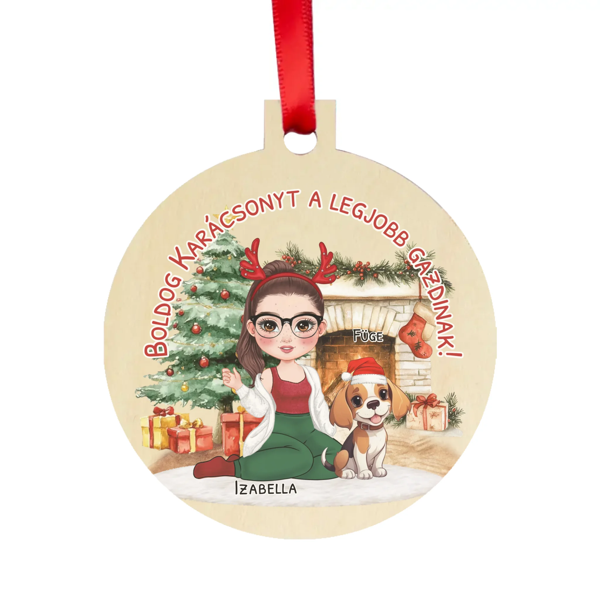 Egyedi karácsonyfadísz gazdiknak - lányos mintával akár 3 kutyával