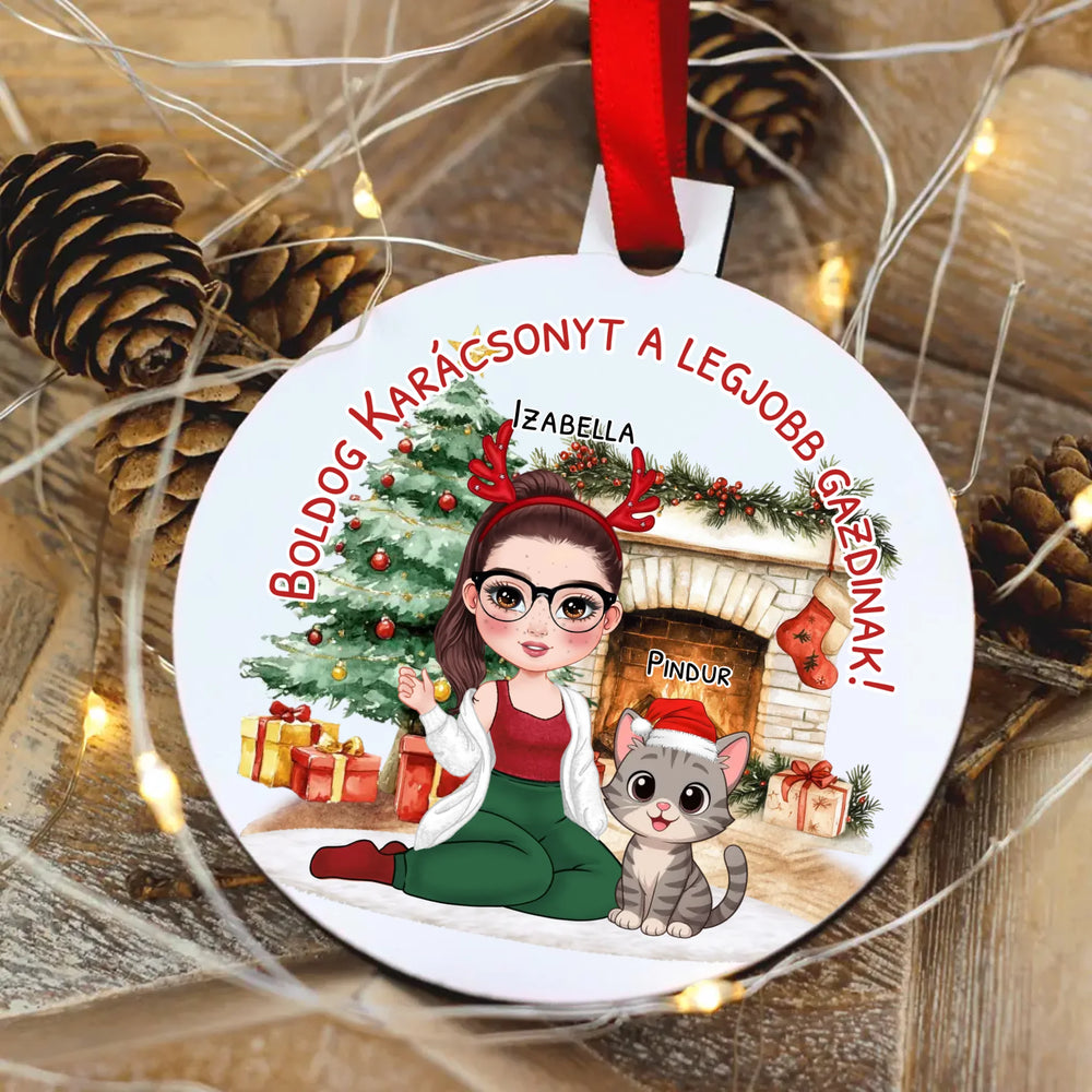 Egyedi karácsonyfadísz gazdiknak - lányos mintával akár 3 macskával