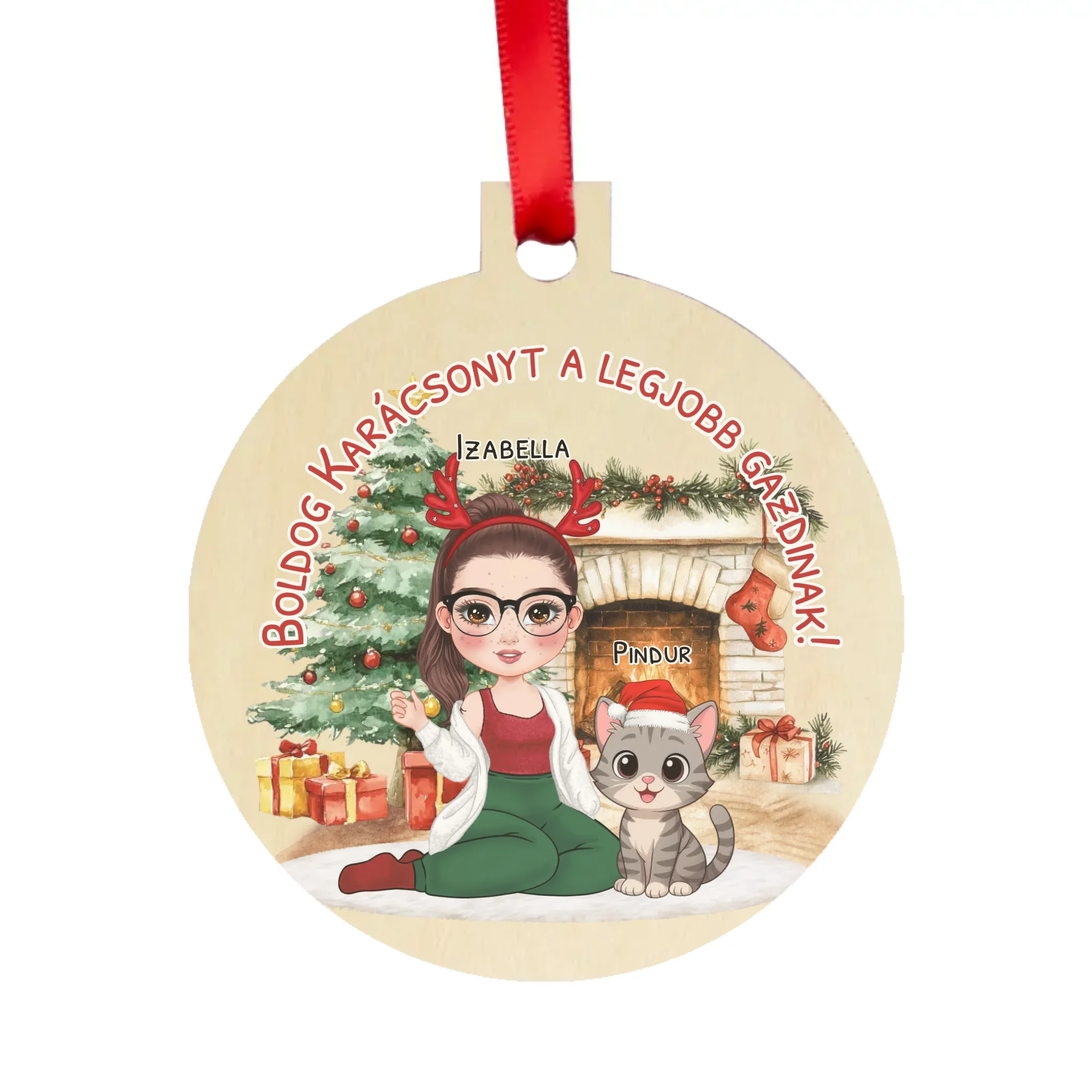 Egyedi karácsonyfadísz gazdiknak - lányos mintával akár 3 macskával