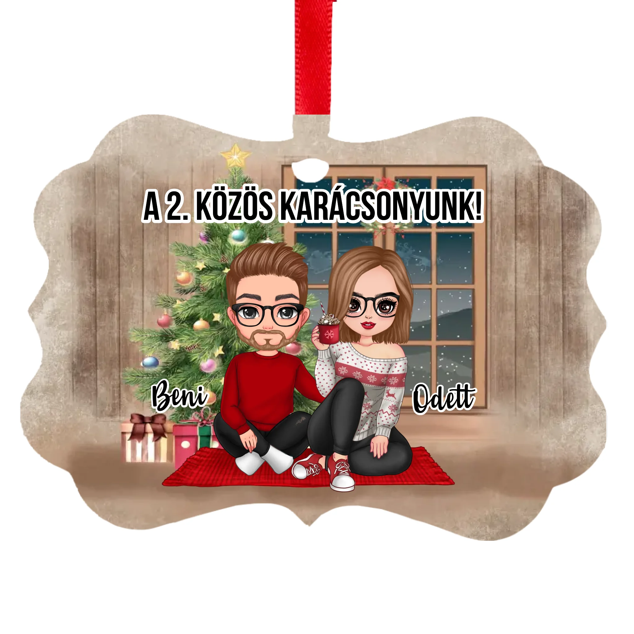 Egyedi karácsonyi ajándék pároknak - szerkeszthető karakteres karácsonyfadísz