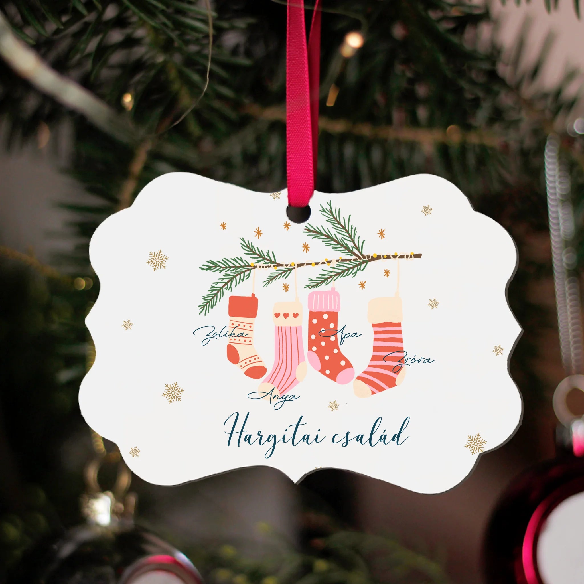 Egyedi neves karácsonyi zokni mintás hosszúkás karácsonyfadísz