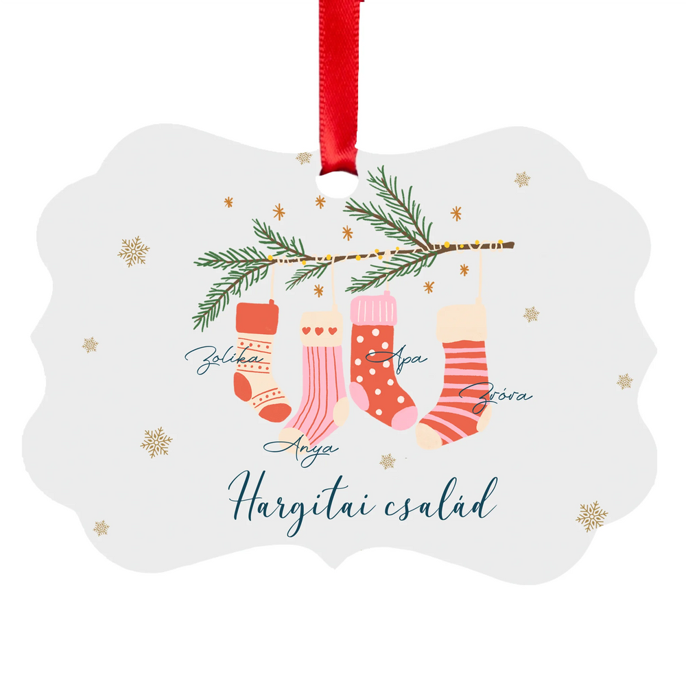 Egyedi neves karácsonyi zokni mintás hosszúkás karácsonyfadísz