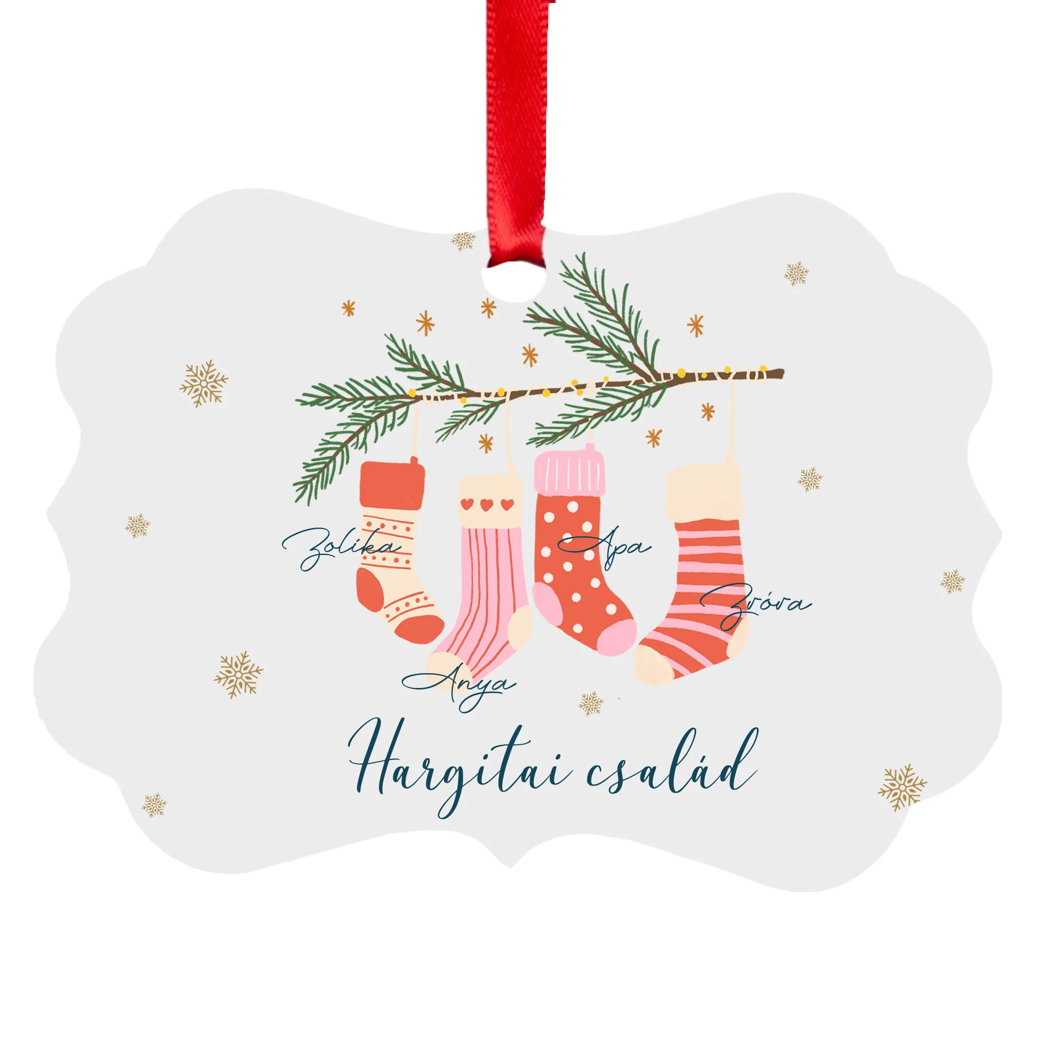 Egyedi neves karácsonyi zokni mintás hosszúkás karácsonyfadísz