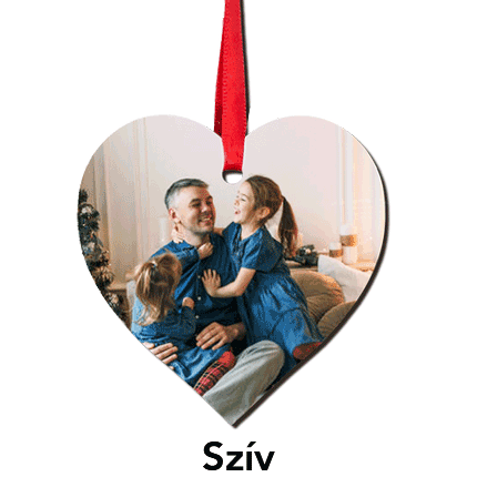 szív alakú karácsonyfadísz családi fotóval és szív felirattal