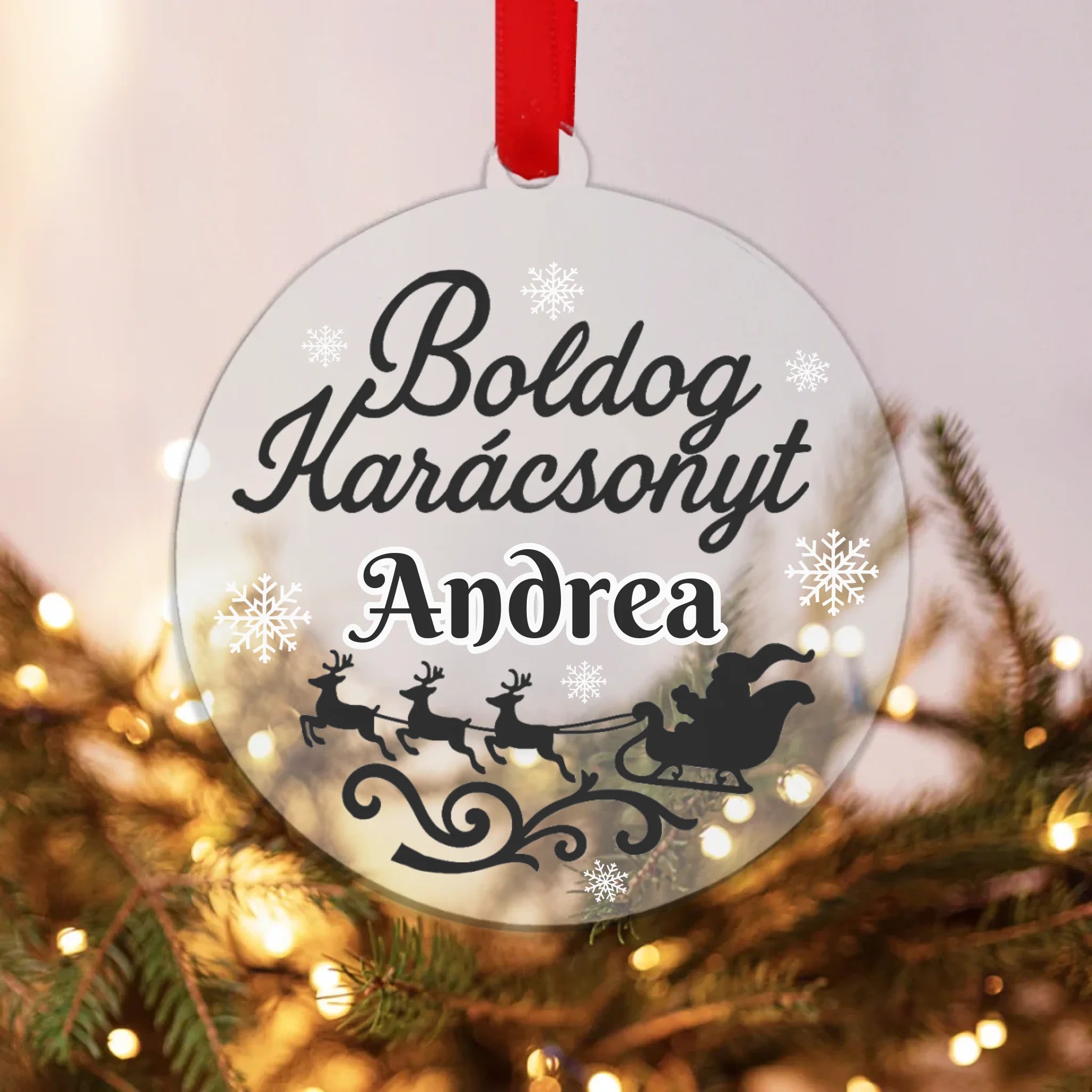 Egyedi neves ajándék - üveg karácsonyfadísz karácsonyi mintával