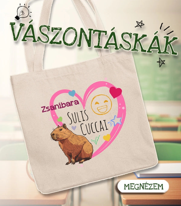 Egyedi neves vászontáskák - egyedi ajándék gyerekeknek, évkezdő pedagógus ajándék névvel, szerkeszthető mintával. 